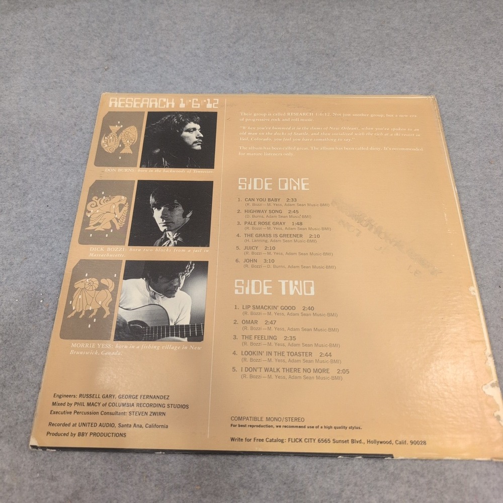 Research 1-6-12 In‎ Research Vinyl LP Flick City FC 5001 Progressive Rock 1960s - Picture 2 of 4